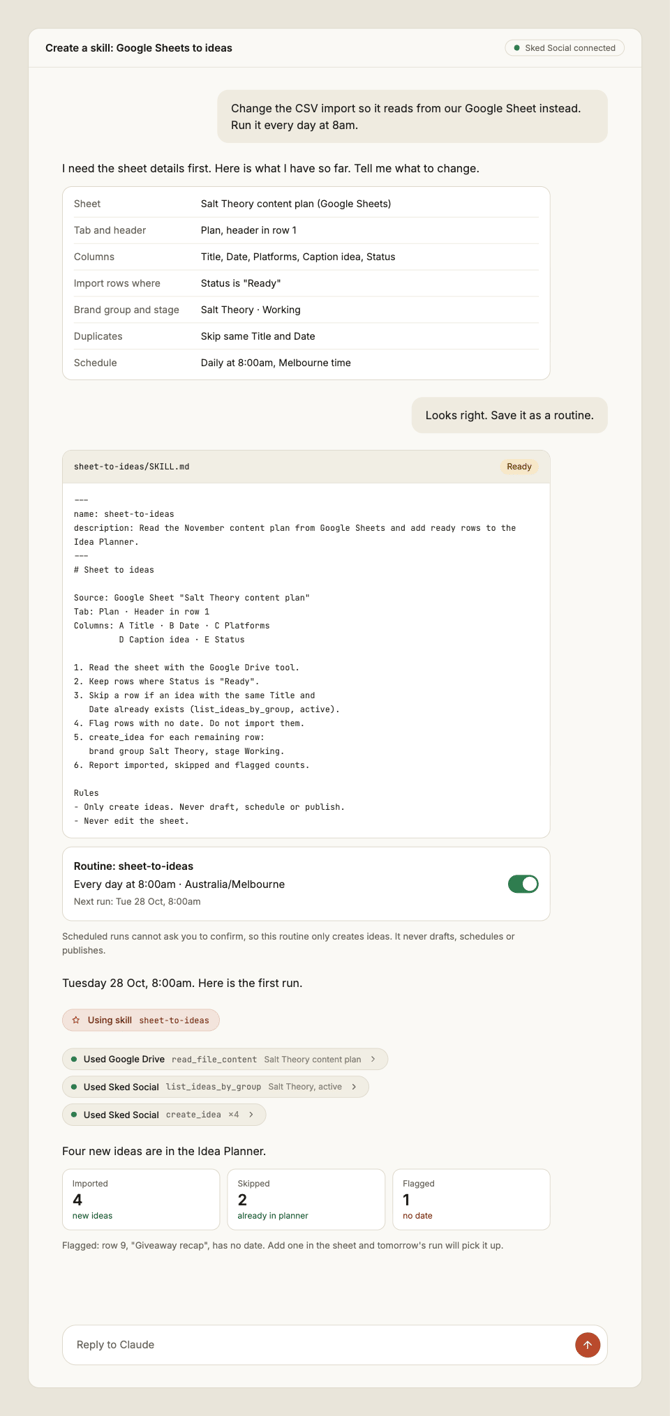 Create a skill Google Sheets to ideas@1x